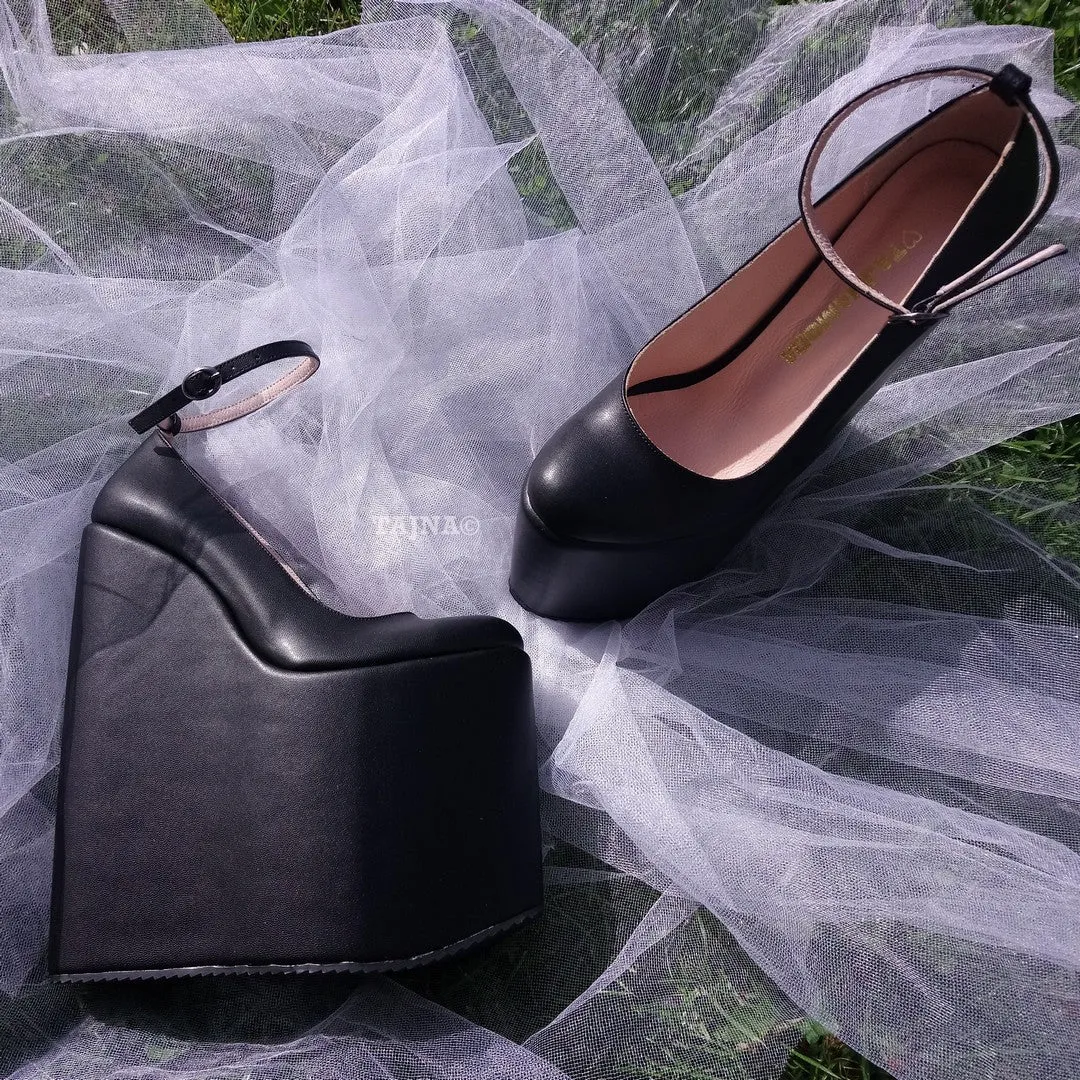 Stylish 21 cm Platform Wedge Shoes with Elegant Black Ankle Straps