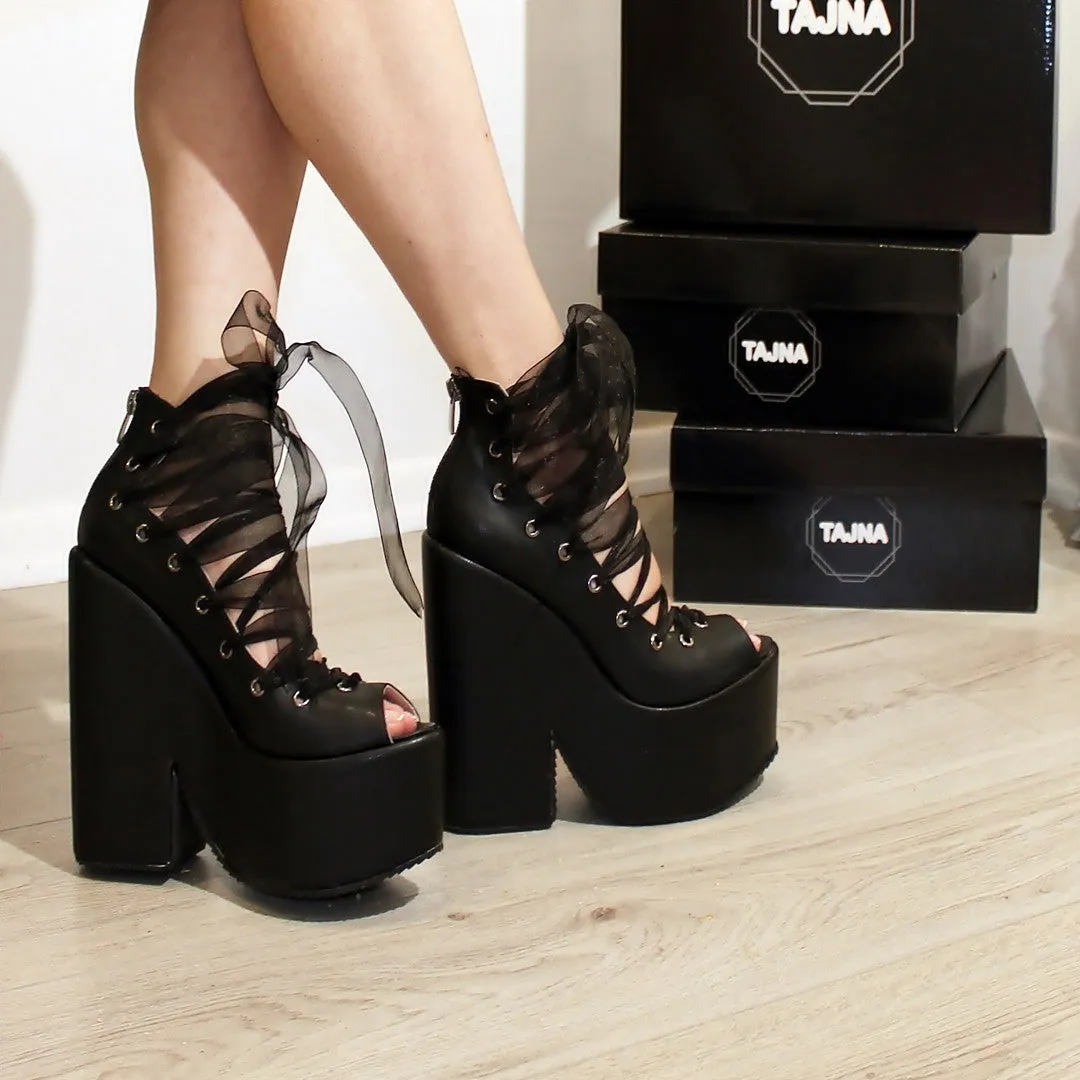 Black Lace up Ballerina Wedge Platform Shoes