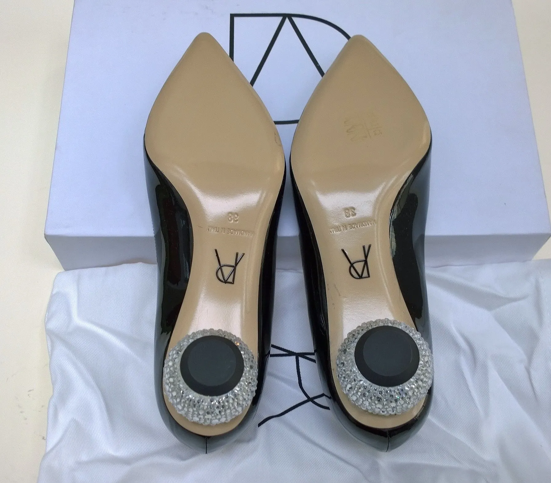 Paul Andrew Ankara Black Patent Rhinestone Jewel Heels