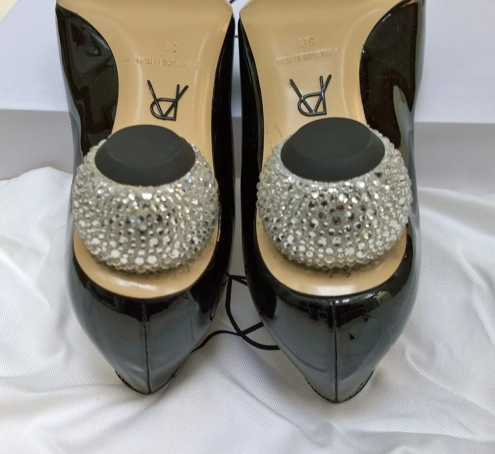 Paul Andrew Ankara Black Patent Rhinestone Jewel Heels