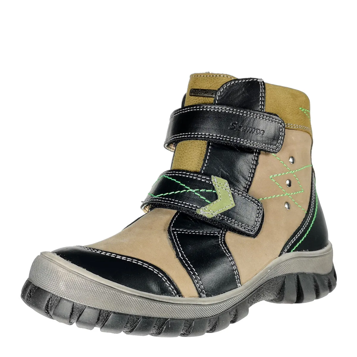 Szamos kid boy winter boots khaki with black velcro straps and khaki detail little kid/big kid size