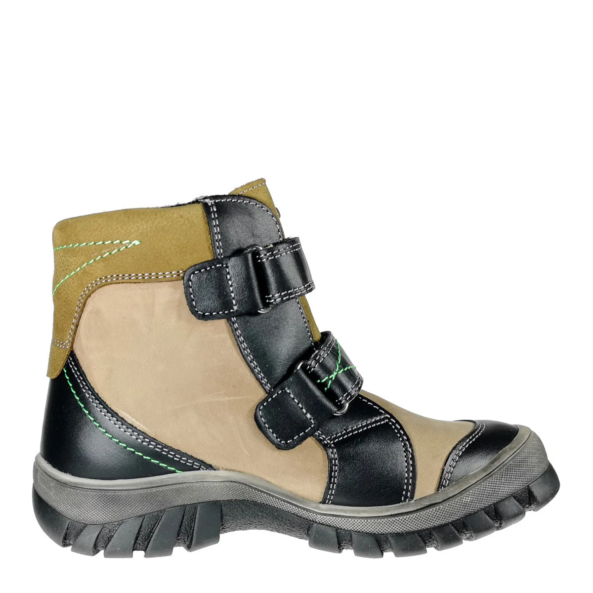 Szamos kid boy winter boots khaki with black velcro straps and khaki detail little kid/big kid size
